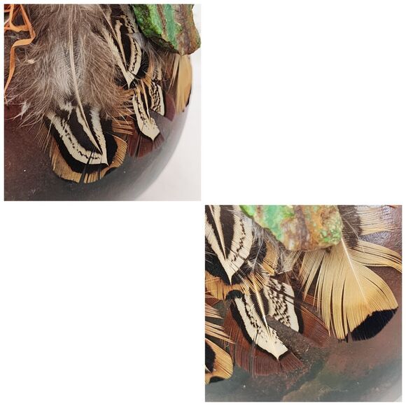 Hand Painted Gourd Bowl Handmade Art Feathers Agate Signed Brown Green - Picture 7 of 11